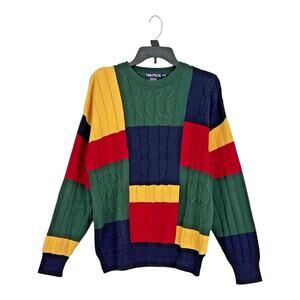 Nautica Sweater VTG 90s Y2K Retro Colorblock Cableknit Blue Yellow Red Mens M
